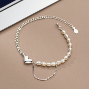 Elegant Women's 925 Sterling Silver Natural Pearl Bracelet Heart Pendant Double Chain Design for Parties Weddings Gifts 14K Gold - Product Image 1