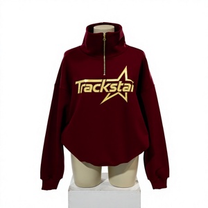 Womens Maroon Oversized Quarter Zip Sweatshirt Metallic Gold Trackstar Star Graphic Print Pullover Top - Product Image 1