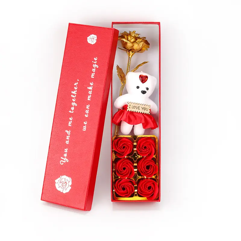 2023 Valentine'S Day Gift Teddy Bear Artificial Fluffy Flower Romantic Gift Box Set 24k Gold Foil Rose