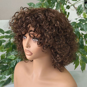 Peluca <span class=keywords><strong>de</strong></span> <span class=keywords><strong>Cabello</strong></span> Humano 100% Rizado con Flequillo, Hecha a Máquina, Sin Pegamento, <span class=keywords><strong>Cabello</strong></span> Remy Brasileño, Aspecto <span class=keywords><strong>Natural</strong></span>, Directo <span class=keywords><strong>de</strong></span> Fábrica - Product Image 1