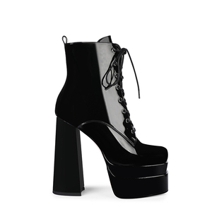 WETKISS-Botas de tacón alto grueso OEM para mujer, <span class=keywords><strong>botines</strong></span> de charol negro, <span class=keywords><strong>botines</strong></span> de doble plataforma con cordones, venta al por mayor - Product Image 1