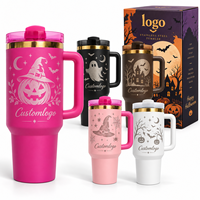 Gobelet isotherme personnalisé de 40 oz en acier inoxydable à double paroi avec bord doré, couvercle à paille réutilisable et poignée, motif d'horreur pour Halloween
