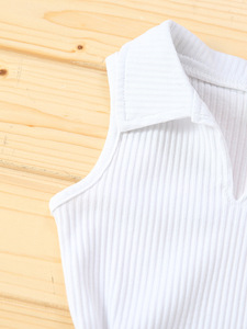 Ensemble 2 pièces pour fillettes été 2022, respirant, polyester/coton, col rabattu uni, débardeur sans manches + jupe plissée - Product Image 4