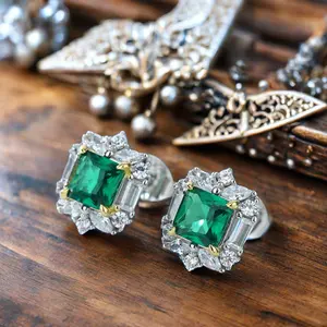 Luxury Silver Jewelry Cushion Cut 5*5mm Emerald Initial Gemstone 925 Sterling SIlver Earring Studs For Women