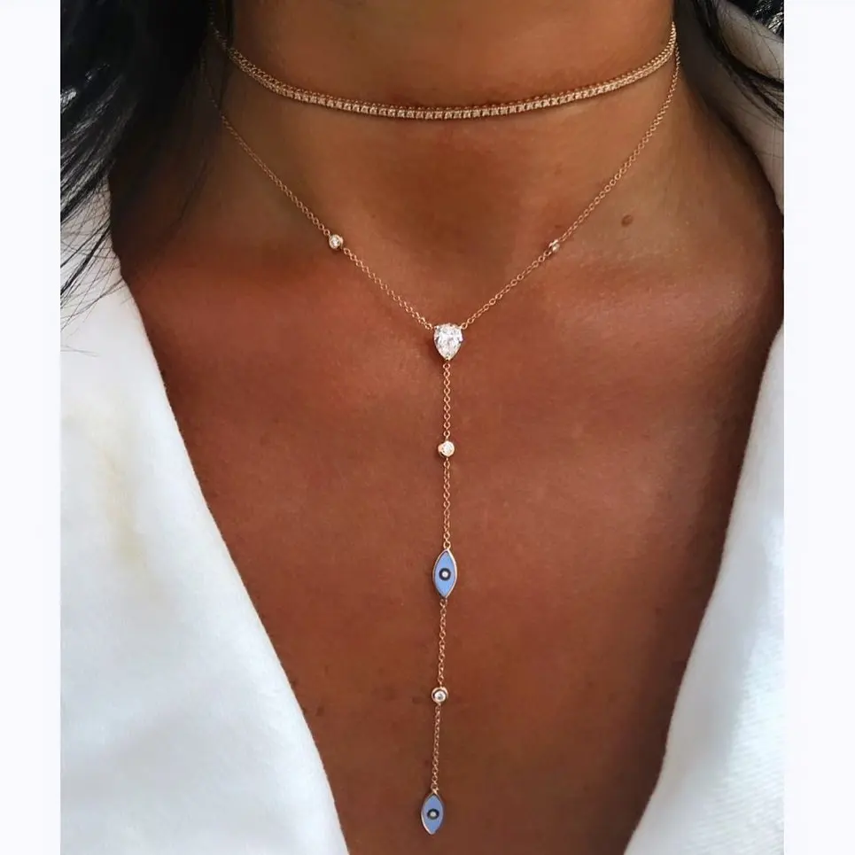 rose gold plated turkish jewelry cute lovely tiny enamel Evil eye charm LONG Y lariat necklace