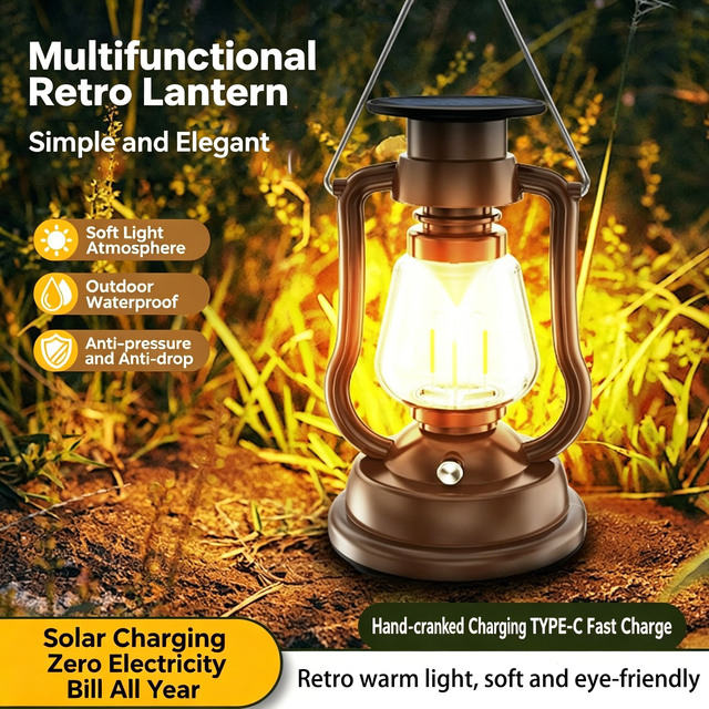 Retro Solar Camping Lantern Hand Crank Emergency Light Type-C Rechargeable Vintage LED Lamp Waterproof Outdoor Tent Lantern