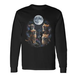 Camiseta de manga larga con diseño de gatos aullando, luna llena, cielo estrellado, galaxia, amante de los animales cósmicos - Product Image 1