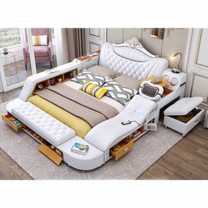 Moderno dormitorio de lujo diseño italiano rey tamaño de cuero genuino negro cama de masaje - Product Image 5