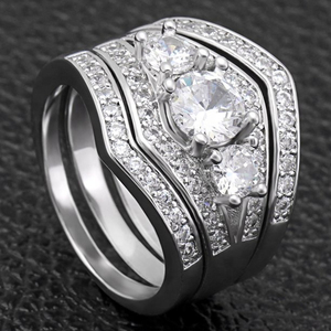 ชุดเครื่องประดับเงินแท้ 925 สำหรับผู้หญิง ชุดแหวนแต่งงาน 3 วง ประดับด้วยเพชรคิวบิกเซอร์โคเนีย สำหรับงานแต่งงาน งานเลี้ยงฉลองครบรอบ - Product Image 2