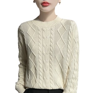 Suéter de Punto Grueso de Algodón para Mujer, Color Sólido, Cuello Redondo, Otoño Invierno 2025, Blanco Roto, Rojo, Negro - Product Image 1