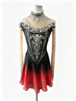 Robe de patinage artistique à col montant sans manches, dégradé noir et rouge, avec strass en maille pour enfants et adultes, pour compétitions et spectacles sur glace