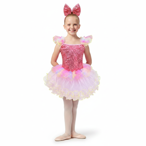 Kids Sparkly Pink Dance Costume Full <b>Sequin</b> Bodice with <b>Rainbow</b> Ruffled Skirt for Girls Stage Performance - Product Image 1