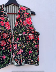 Handmade Black Vintage <b>Quilted</b> <b>Jacket</b> Women Front Open Kimono Stripe Piping <b>Denim</b> Crop Top Cotton Patchwork Design Printed - Product Image 2