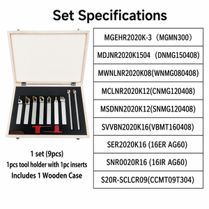 Juego de 9 piezas de portaherramientas de torneado para torno, con insertos de 20mm y 25mm, kit de herramientas de corte indexables para ranurado y roscado, vástago OEM de 20mm, completo de 9 piezas - Product Image 6