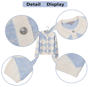 Cardigan en tricot à carreaux anti-plis pour <span class=keywords><strong>femme</strong></span>, col rond, boutonné, coupe ample, manches longues, style preppy pour le printemps et l'automne - Product Image 4
