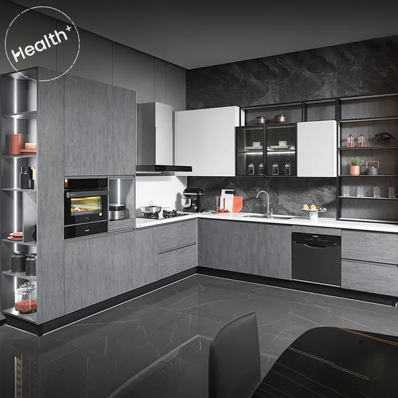 OPPEIN-armarios de cocina modernos en forma de L, conjunto de despensa, color gris, melamina