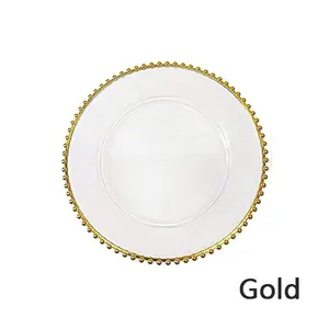 Vente en gros 13 pouces sous l'assiette en plastique transparent argenté de table élégantes assiettes de présentation perlées à bordure en or rose pour mariage
