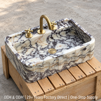 Lavabo rectangulaire en marbre Calacatta Viola personnalisé, à poser au mur, avec rainures, pour salle de bain de luxe