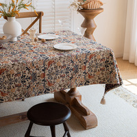 Nappe en coton et lin à pompons, style vintage américain, motif floral jacquard teint en fil, rectangulaire, pour table basse, style français