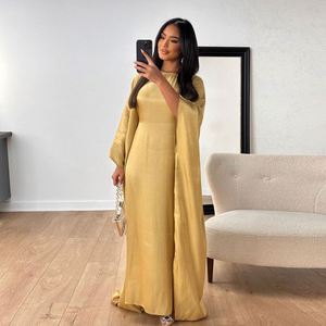Été Moyen-Orient Musulman Afghan Femmes Longues Élégantes Col <span class=keywords><strong>V</strong></span> Fine Manches Longues Maxi Brillant Soie Satin Robes Décontractées - Product Image 6