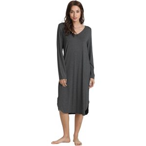 Camisón de viscosa de bambú para mujer, manga larga, cuello en V, ropa de dormir, largo por debajo de la rodilla, vestido de pijama. - Product Image 1
