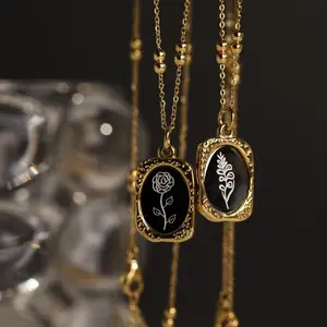 Kalung Liontin Bunga Lahir 12 Bulan, Perhiasan Liontin Persegi Panjang Berlapis Emas 18K Baja Tahan Karat untuk Wanita