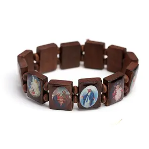 Images Religious Saints Jesus and Rosary Christian Wood Made Designs Elastic Stretchable Wooden Small Panel Bracelet