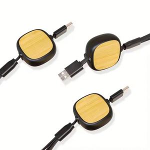 Multi-Function Eco-friendly Bamboo 1M Retractable Multiple Charging Cord <b>3</b> in 1 Fast USB Charger Cable - Product Image 4