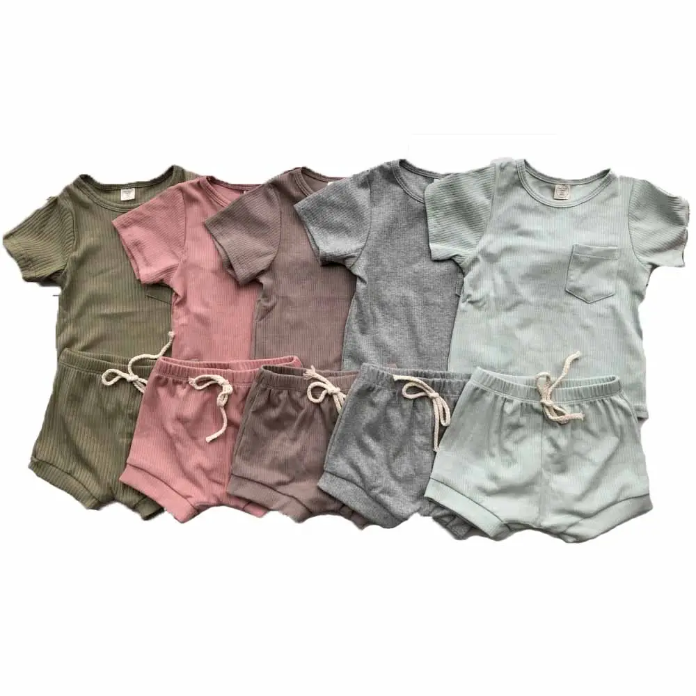 Kleinkind gerippte Sets T-Shirt mit Tasche Kordel zug Bloomers für Kinder Benutzer definierte zweiteilige Set Top und Shorts Anzug Kinder tragen