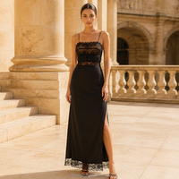 Robe de soirée longue en satin et dentelle florale OEM, corsage transparent personnalisé, bretelles spaghetti, fente haute avant, ourlet en dentelle, élégante robe de cérémonie pour femme