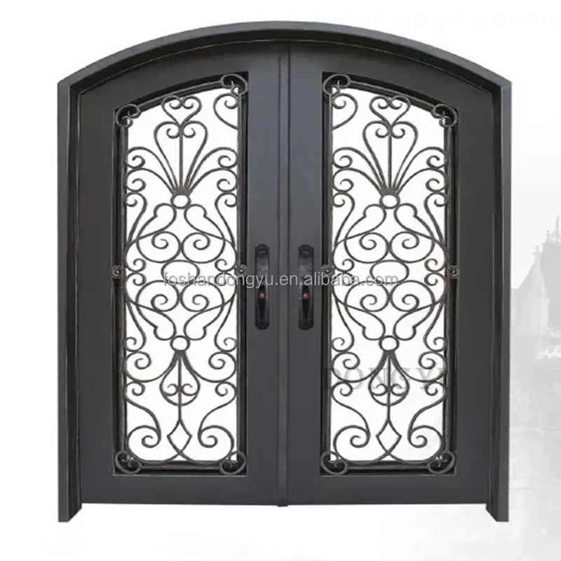 Arched Double French Art Glass Front Door Entrance Welded Wrought Iron Door For Home Main Cast Aluminum Door Cast Aluminum gate