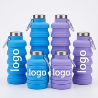 Bouteille d'eau de sport pliable en silicone 500 ml, réutilisable, anti-fuite, avec mousqueton pour la salle de sport, le fitness et les activités de plein air