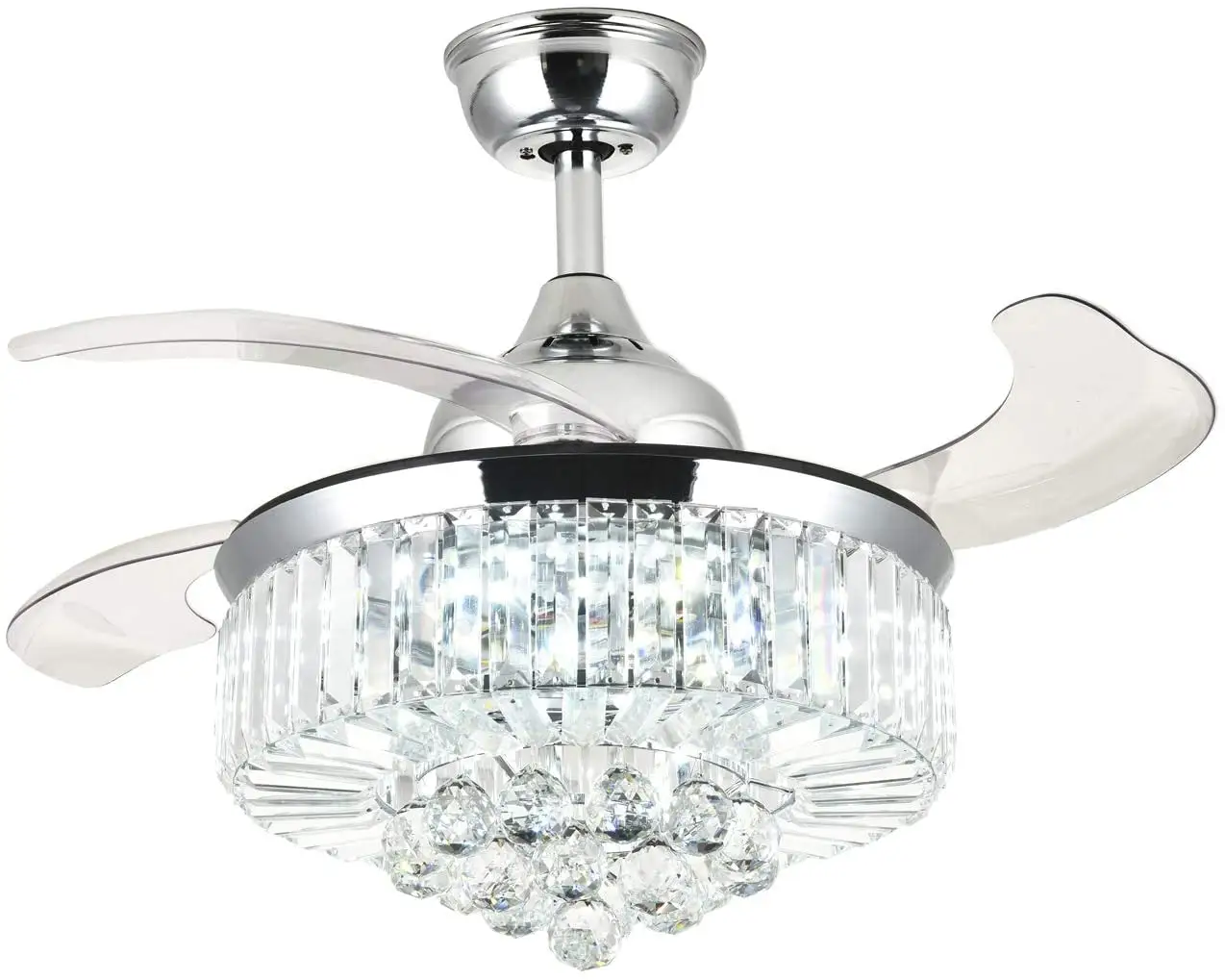 Adjustable light crystal ceiling fan remote control modern invisible telescopic chandelier fan led ceiling fan lamp