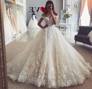Бальное платье с открытыми плечами, кружевное свадебное платье с бисером, свадебное платье большого размера Золушки, свадебное платье