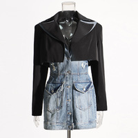 Mode automne hiver Sexy décontracté couleur bloc 2 pièces recadrée Blazer haut sans manches Mini Jean gilet Denim robe femmes robes ensemble