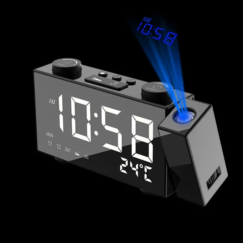 Electronic Projection Alarm Clock Digital Temperature Usb Charger Fm Radio Led Display Snooze Desk Watch 180 Degree Projector