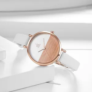 SHENGKE-Reloj de aleación de cuero blanco y oro rosa para mujer, pulsera de madera con esfera de imitación, diseño único a la moda, K8036