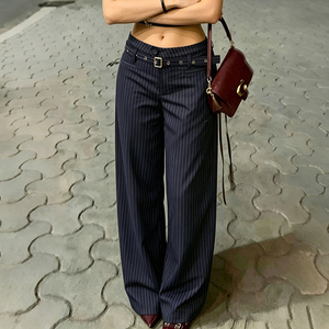 Pantalones Anchos Estampados a Rayas con Detalle de Ojales para Mujer, Pantalones Tejidos de Cintura Baja, Estilo Urbano Y2K, Pantalones Casuales de Moda - Product Image 1