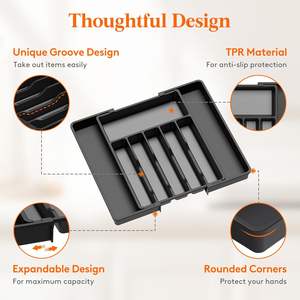 Grand organisateur de tiroir à argenterie, plateau à ustensiles extensible antidérapant, rangement de cuisine en <span class=keywords><strong>plastique</strong></span> réglable pour cuillères fourchettes couteaux - Product Image 3