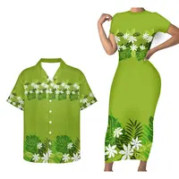 2022カスタムプリントポリネシア部族グリーンティアレマッチングカップル衣装ボタンダウンメンズシャツ女性マキシロングボディコンドレス