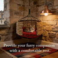 Lit suspendu pour chat en jacinthe d'eau tissé à la main de luxe avec cadre en métal et coussin rouge en peluche