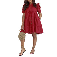 Robe décontractée d'été pour femme TW837, coupe ample, manches courtes, boutonnée, en polyester et élasthanne, longueur mi-longue, motif alphanumérique