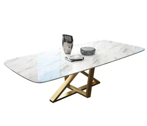 Best Selling Set 10 French Style Marble Tops Gold Furniture 8 Seater Rectangular Metal Dining Table Leg