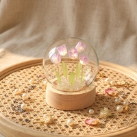 Lanterne de nuit moderne en verre en forme de tulipe, faite à la main, DIY, avec LED, base en bois, batterie amovible, lumière blanche neutre 4100K, pour la maison
