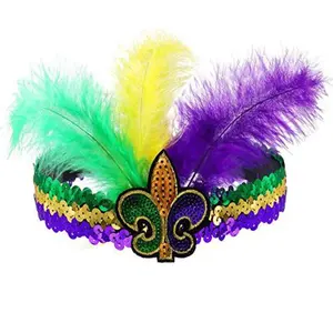 Pafu Carnival Headband for Women Favors Carnival Sequins Glitter Hair Band for Adult Mardi Gras Feather Headband Decoration