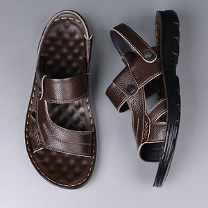 Men's First Layer Cowhide Sandals <b>Flat</b> Thick Sole <b>Summer</b> Casual Shoes Brown Black Slip On Style 9801 - Product Image 3