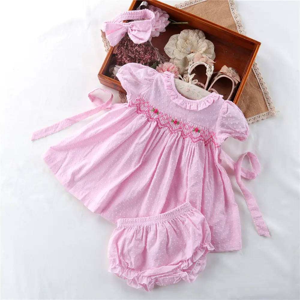 012946 3 pezzi all'ingrosso smocked abbigliamento neonate smocked dress floral cotton kids clothes bambini