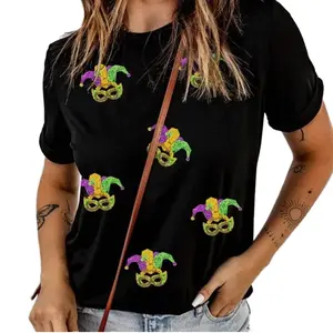 Wholesale supplier round neck short sleeve t shirt custom designer soft cotton spandex blend sequin mask t shirt for mardi gras