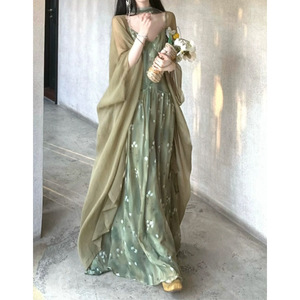 Green Lotus Floral Chiffon Sundress Empire Waist Sweetheart Neckline Sheer Layer Women's Evening Dress 2025 New Arrival - Product Image 3