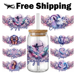 Free Shipping Dreamy Floral Zodiac UV DTF Cup Wrap 16oz Libbey Glass Can Pastel Watercolor Astrology Decal Mixed Batch 48H Ship - Product Image 1